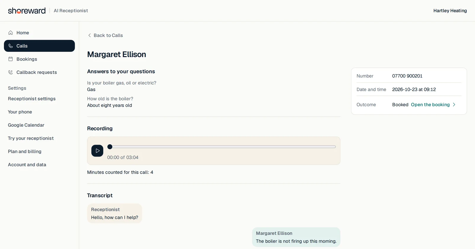 The Shoreward app showing one call, with the caller’s number, the outcome, the recording and the transcript.